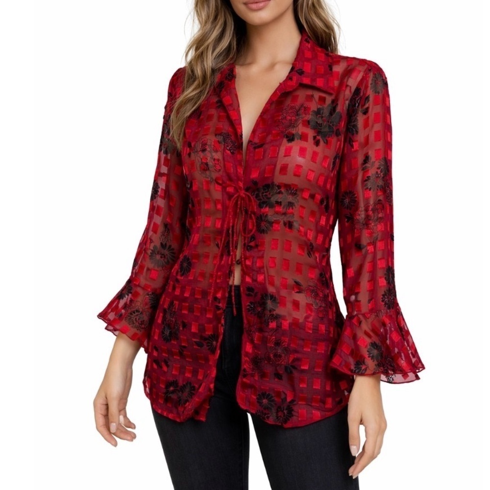 Floral Red/black semi Sheer Women's Top tie front trumpet sleeve blouse career